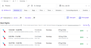 Google flights image of PHX-SGU flight options