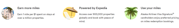 A screen shot from the Alaska Airlines Mileage Plan website outlines the benefits of their Stays by Alaska Vacations booking portal.