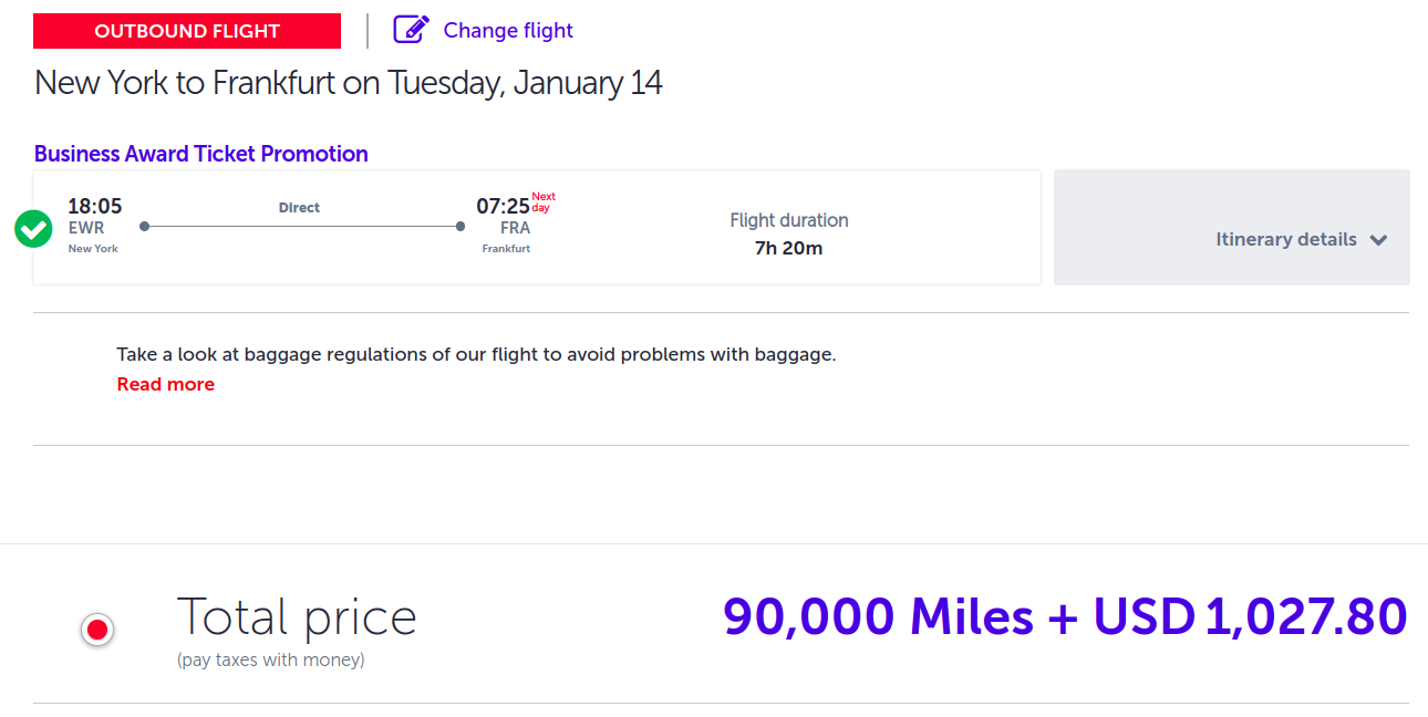 Turkish Airlines business class award itinerary from EWR to FRA