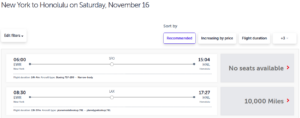 Turkish Airlines award price on United from EWR to HNL