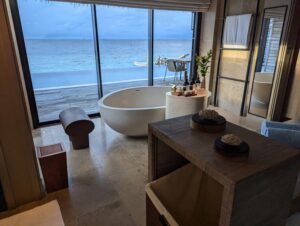 Bathroom in an overwater villa at the Waldorf Astoria Maldives