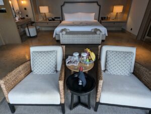 Welcome fruit basket and wine at the Waldorf Astoria Maldives