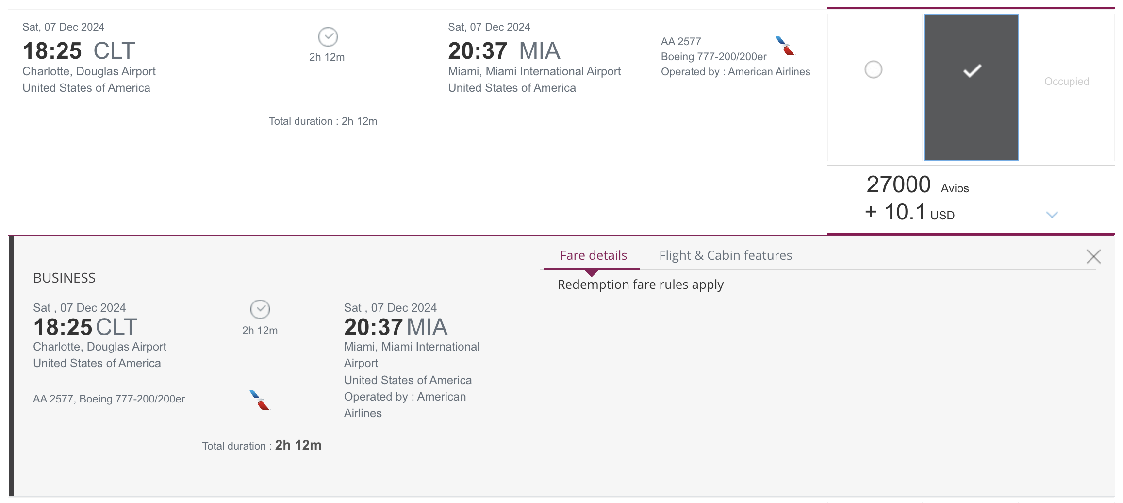 AA award from CLT to MIA via Qatar Airways.