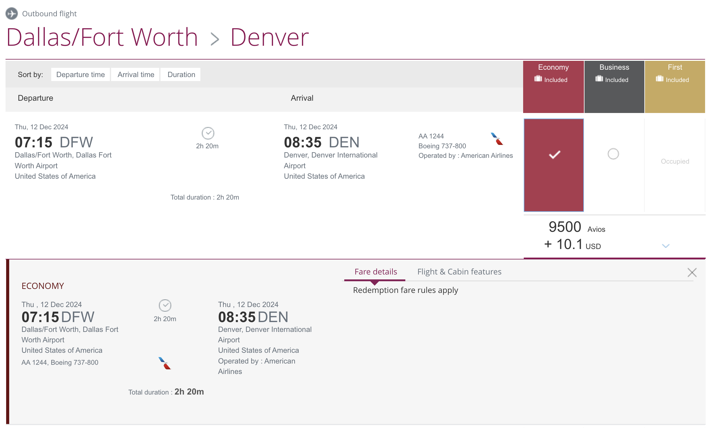 AA award from DFW to DEN via Qatar Airways.