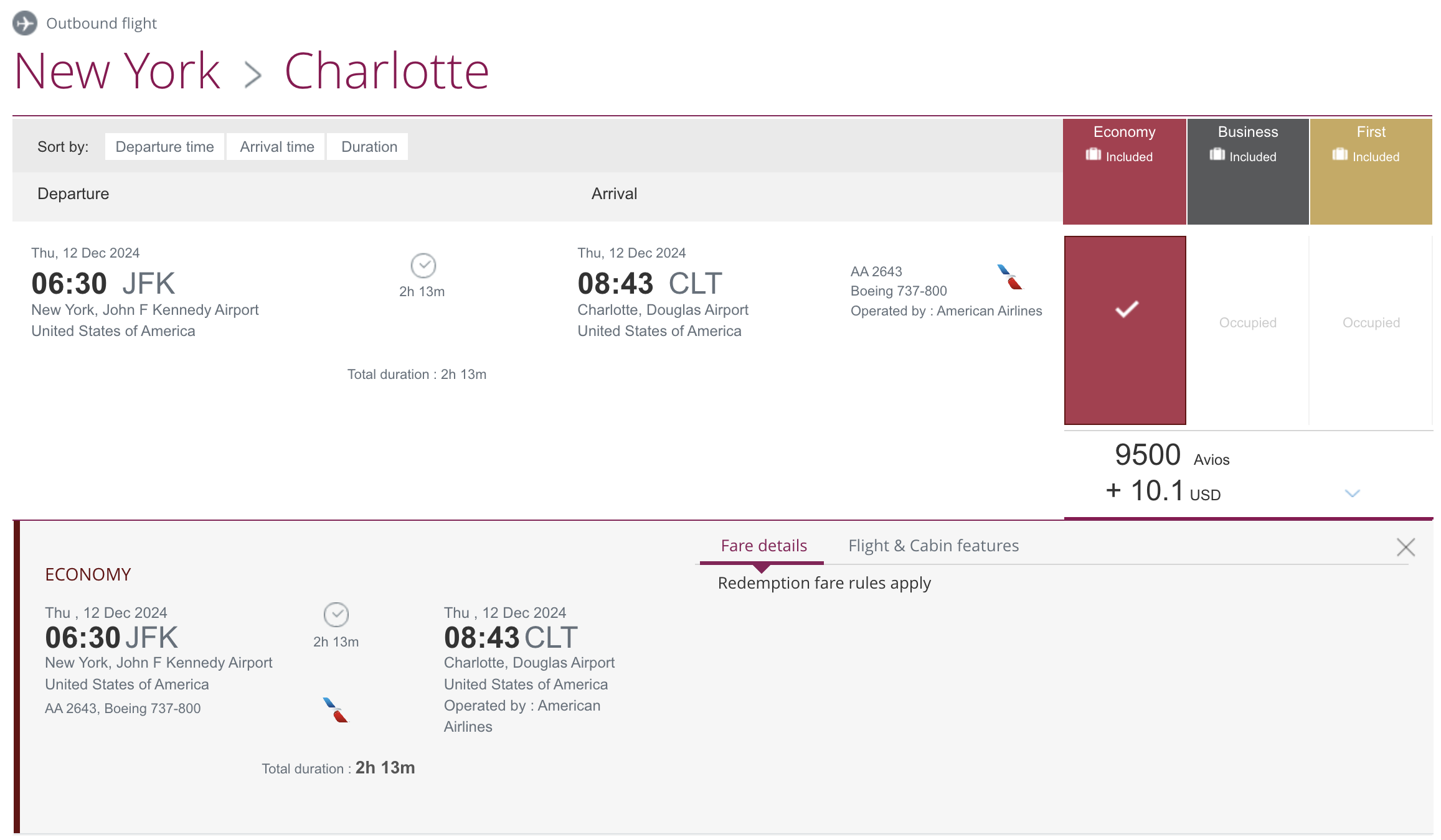 AA award from JFK to CLT via Qatar Airways.