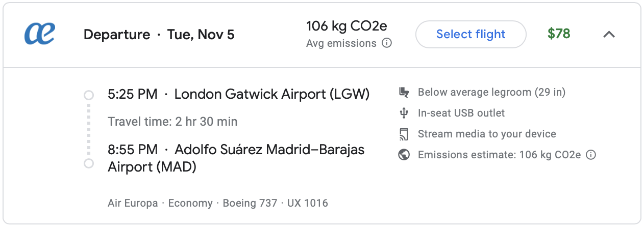 Google Flights itinerary on Air Europa