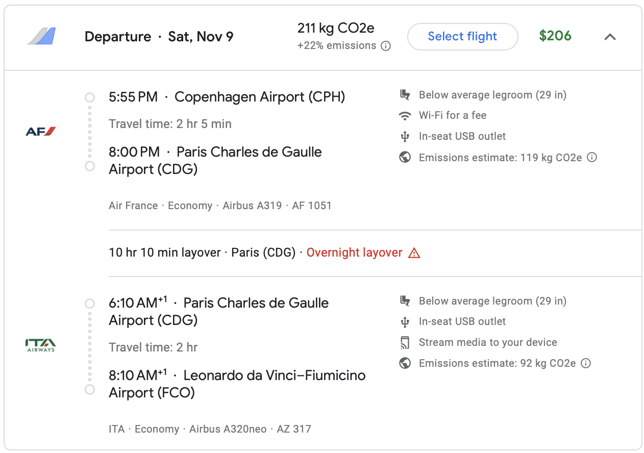 Google Flights itinerary on Air France and ITA