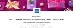 Screenshot of Amazon offer to add Amex card to Amazon for $15 credit