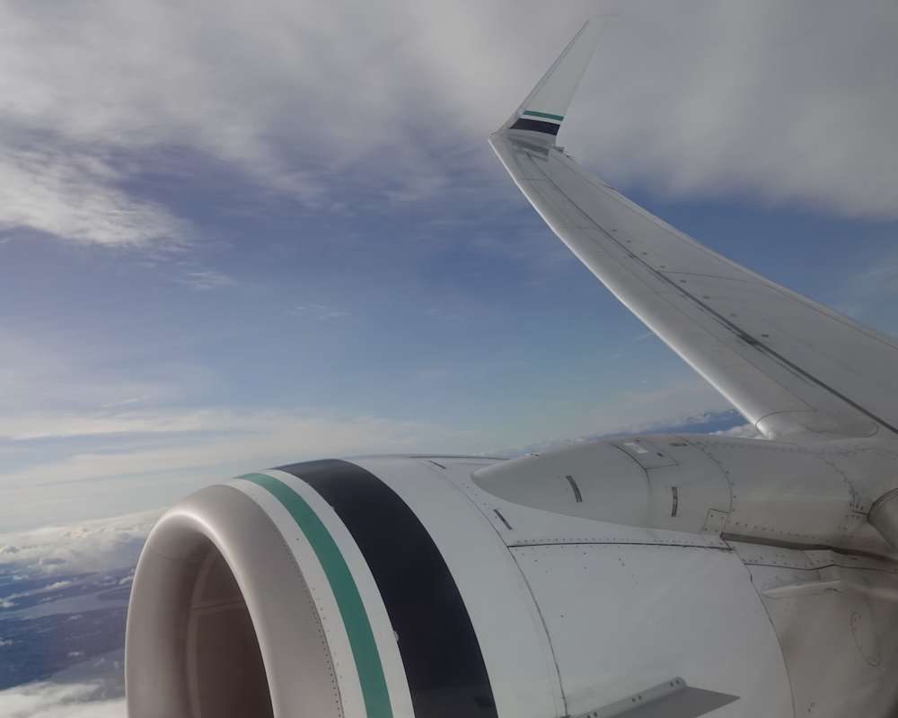 View of the retro Alaska Airlines livery from the window of a plane.