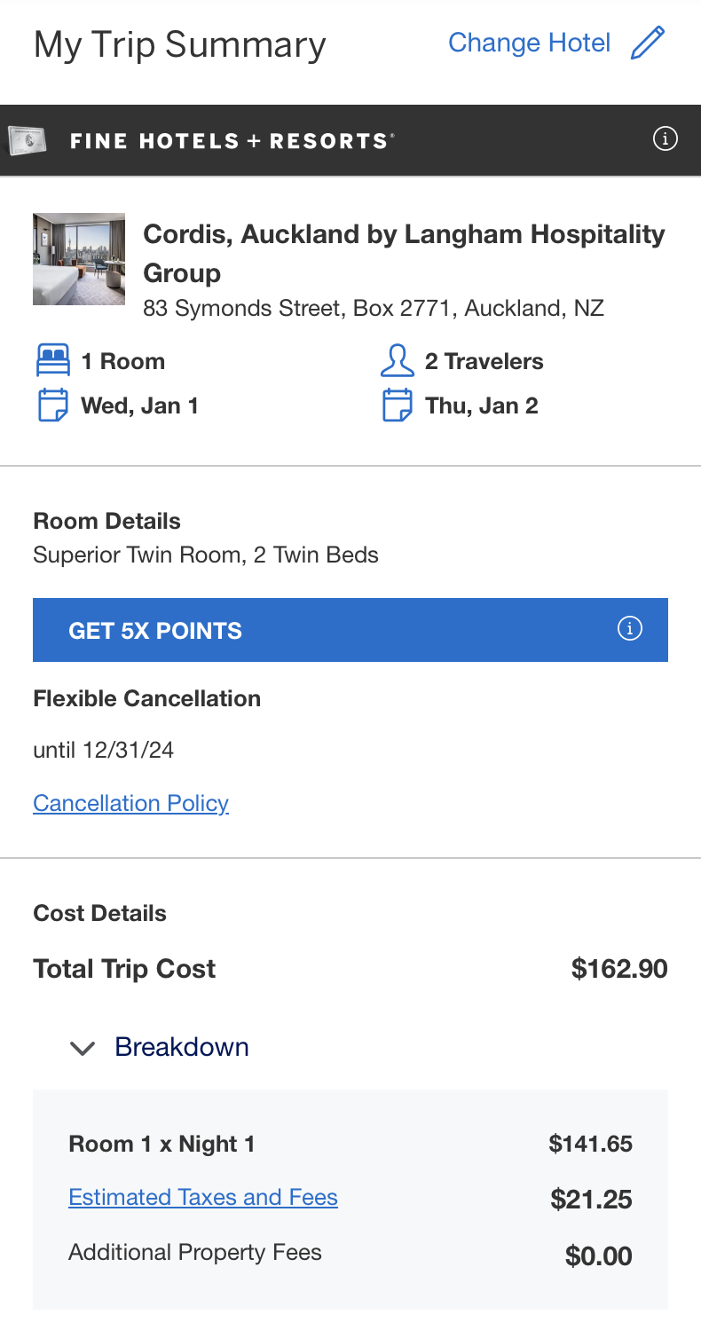 American Express Travel rate breakdown.