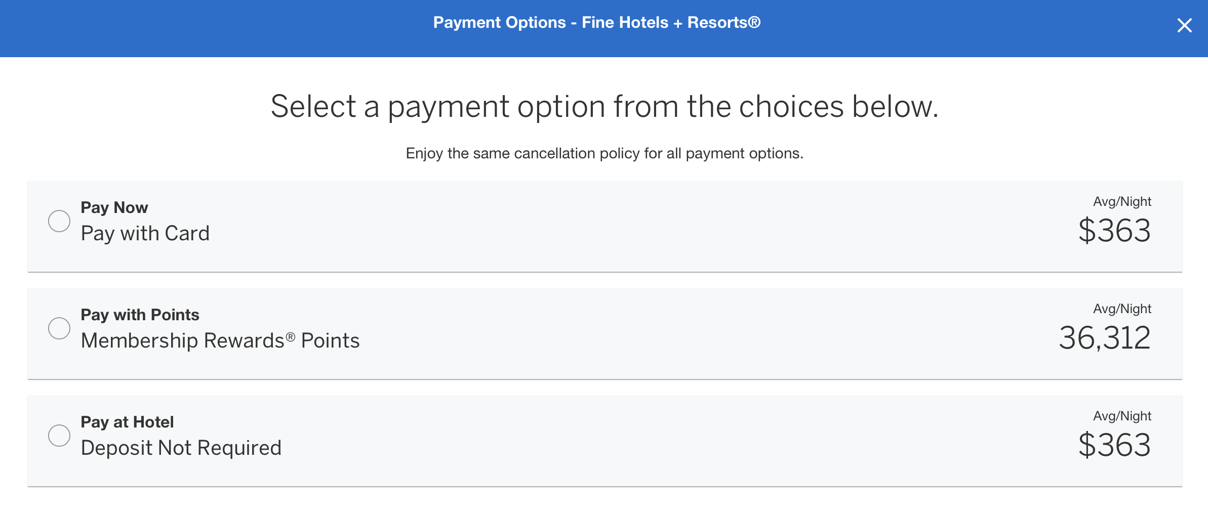Amex Travel payment selection options.