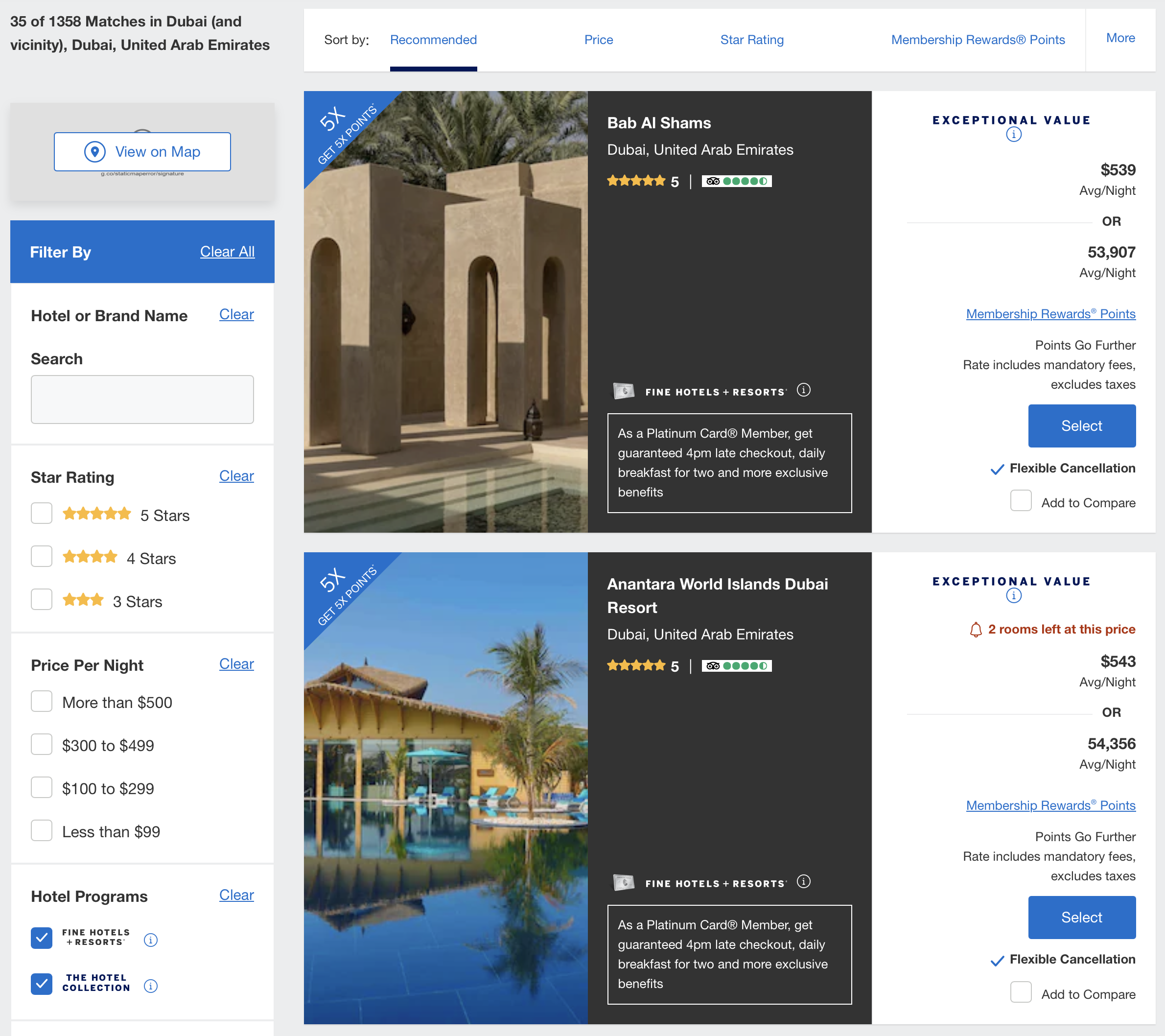 Amex Travel FHR and THC results in Dubai.
