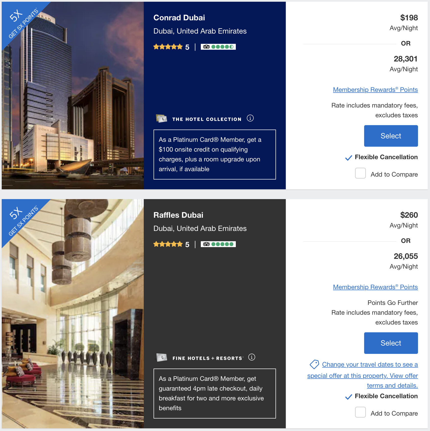 Amex Travel FHR and THC results in Dubai.