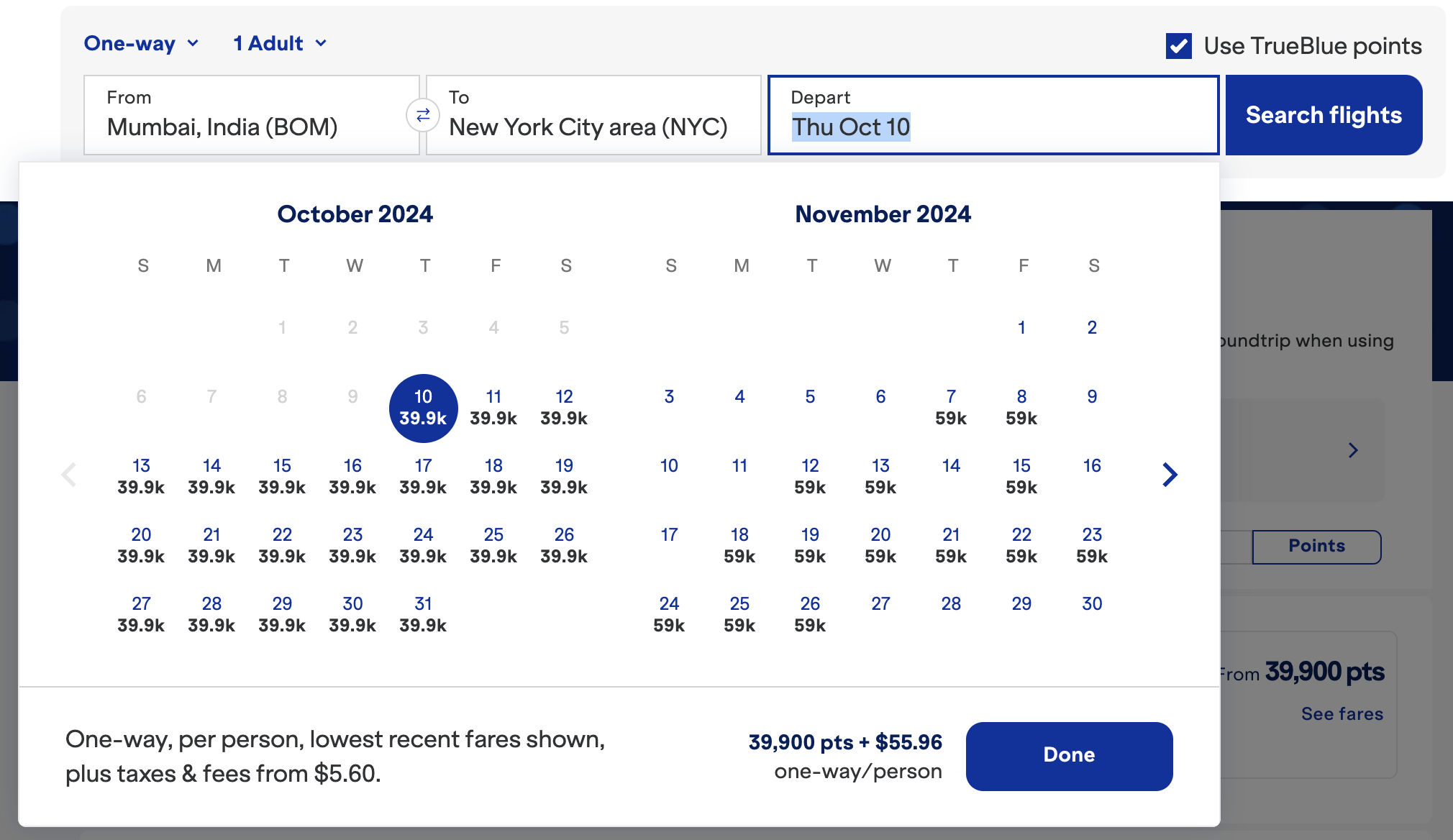 JetBlue award calendar for Etihad flights from BOM to JFK