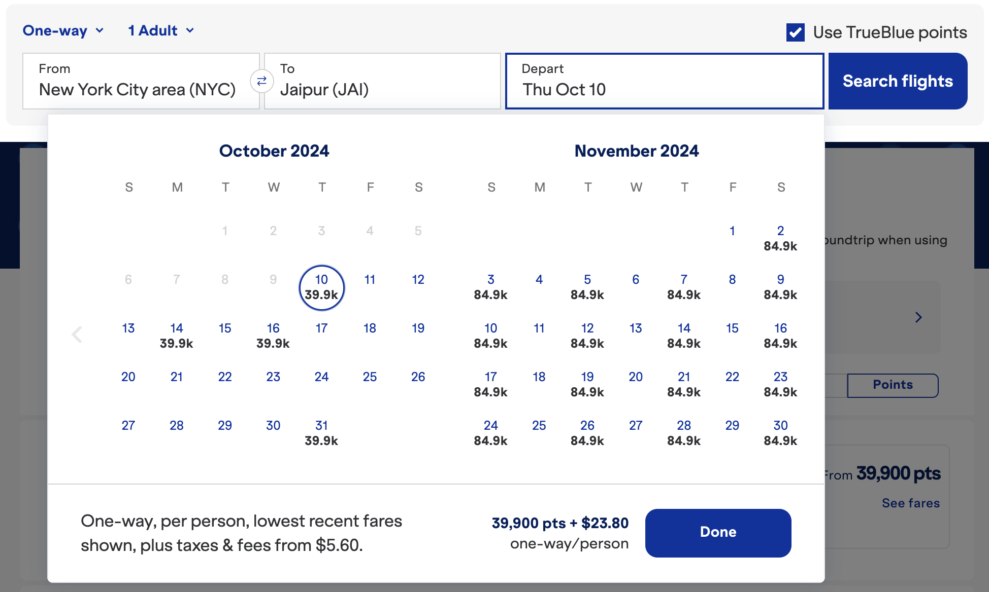 JetBlue award calendar for Etihad flights from JFK to JAI