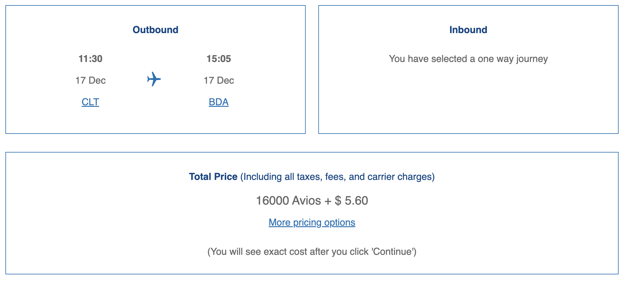 Avios award on AA from CLT to BDA.