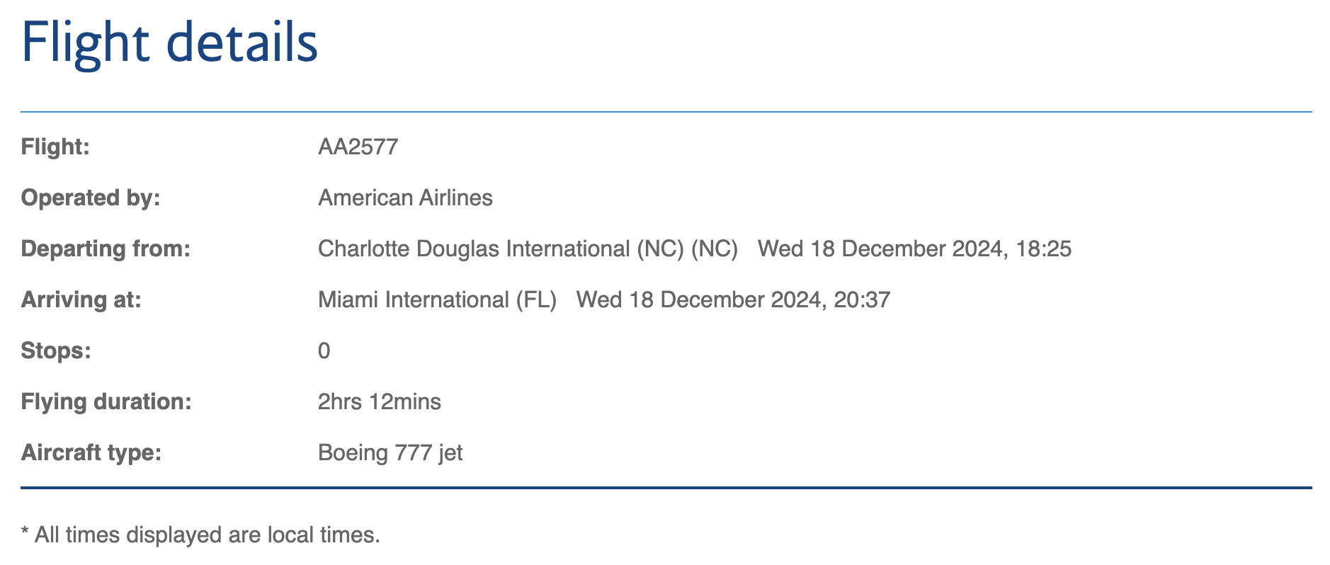 Avios award details page for CLT to MIA.