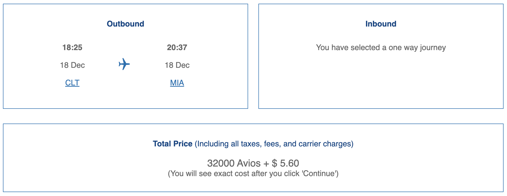 Avios award on AA from CLT to MIA.