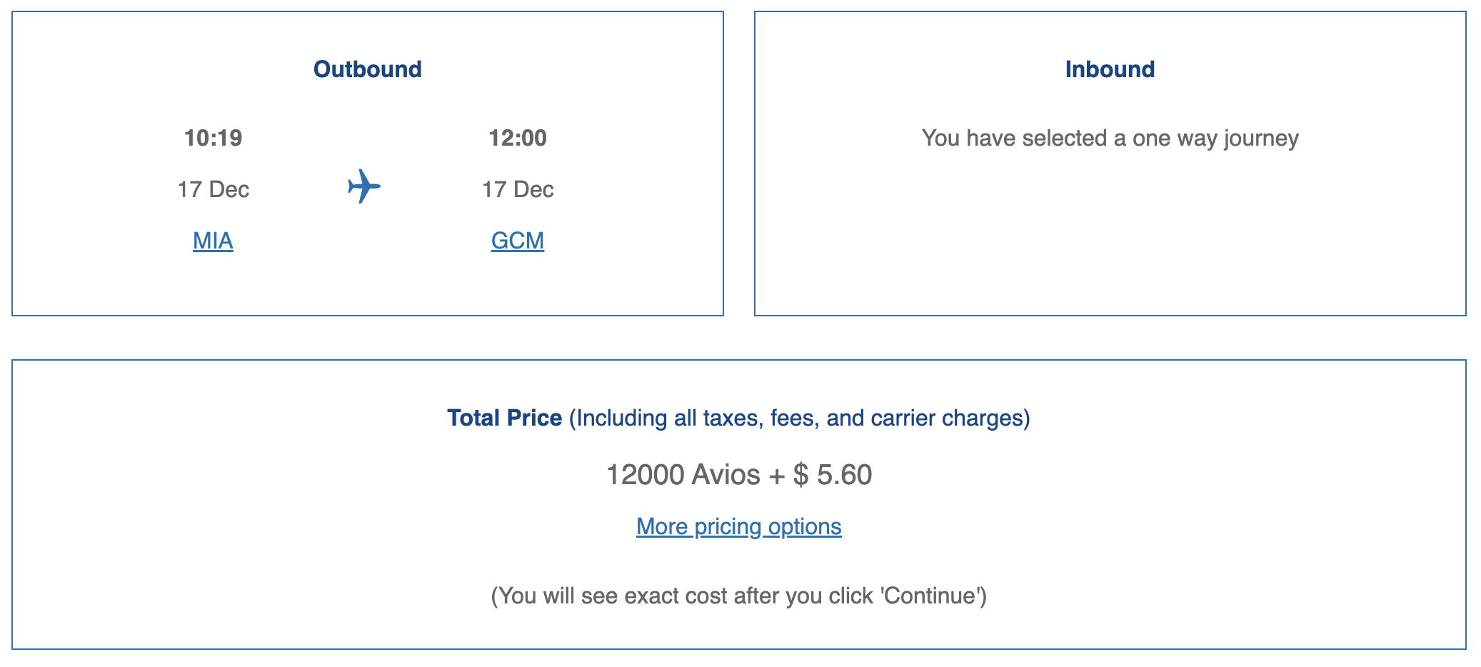 Avios award on AA from MIA to CAY.