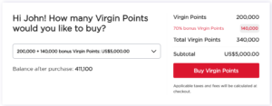 Screenshot of buying the maximum number of Virgin points during this 70% bonus sale