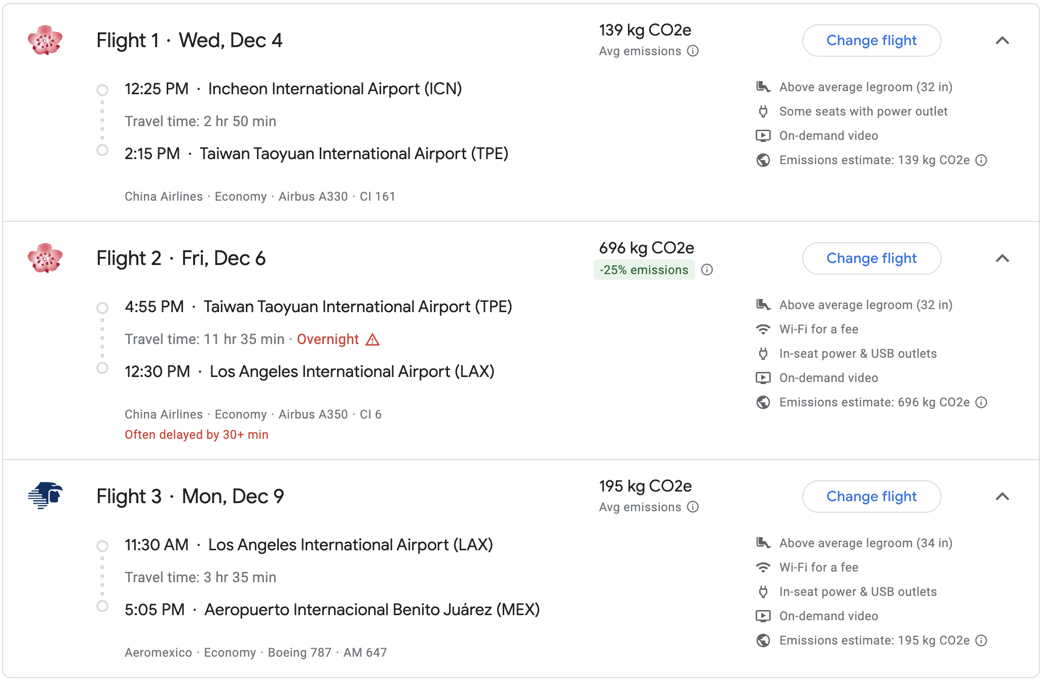 Google Flights itinerary on China Airlines and Aeromexico