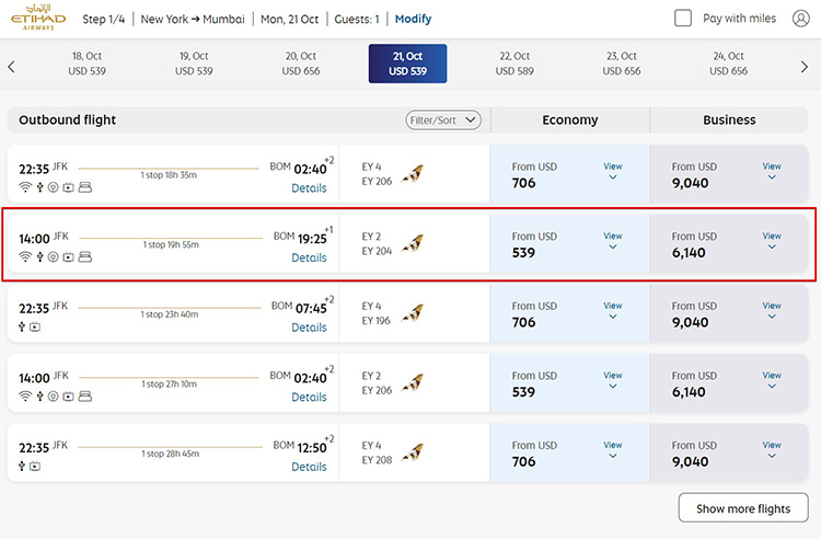 Cash price JFK to BOM