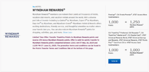 Screenshot of Citi ThankYou points 25% transfer bonus to Wyndham Rewards