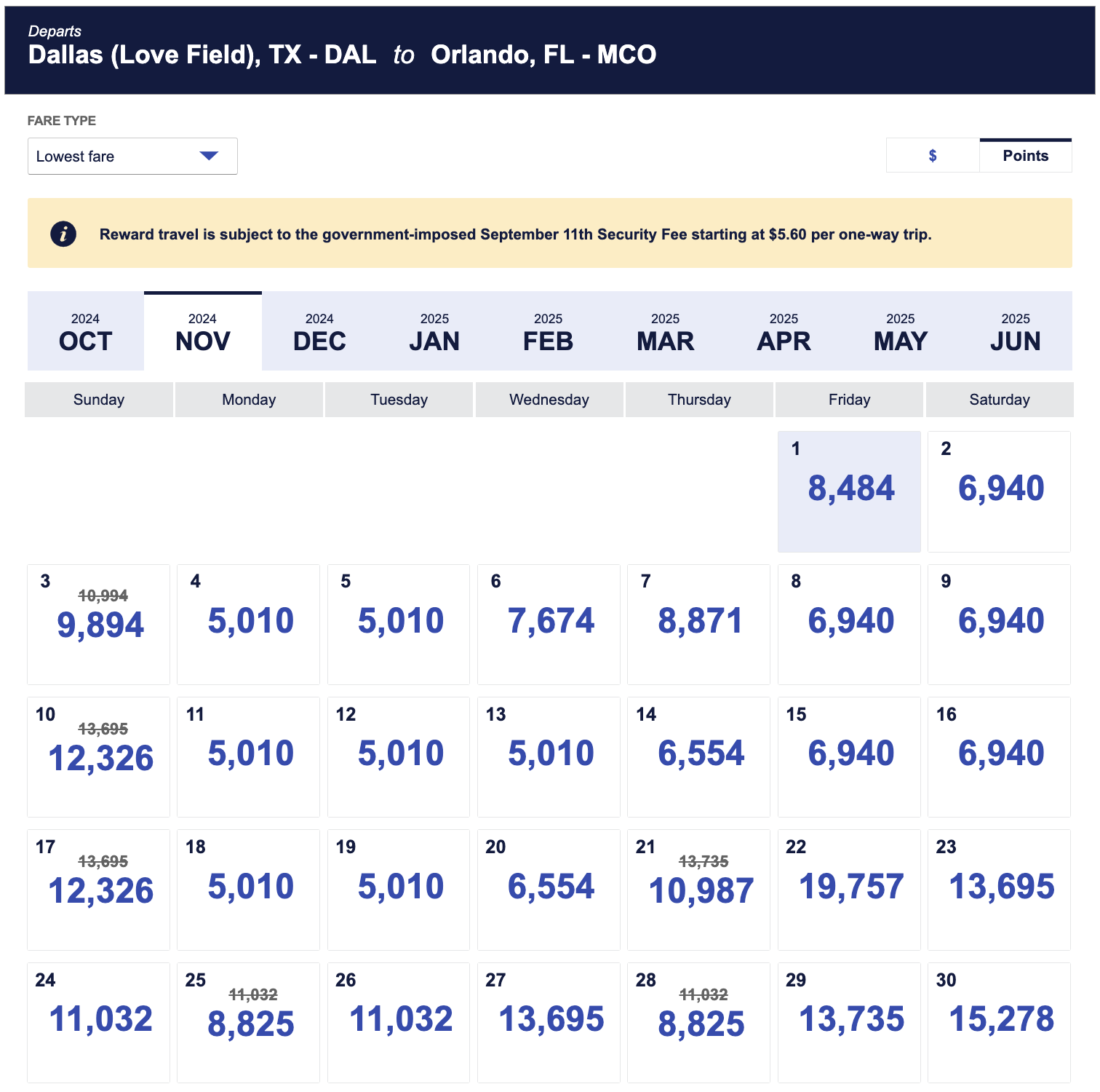 Southwest Airlines results for DAL to MCO.