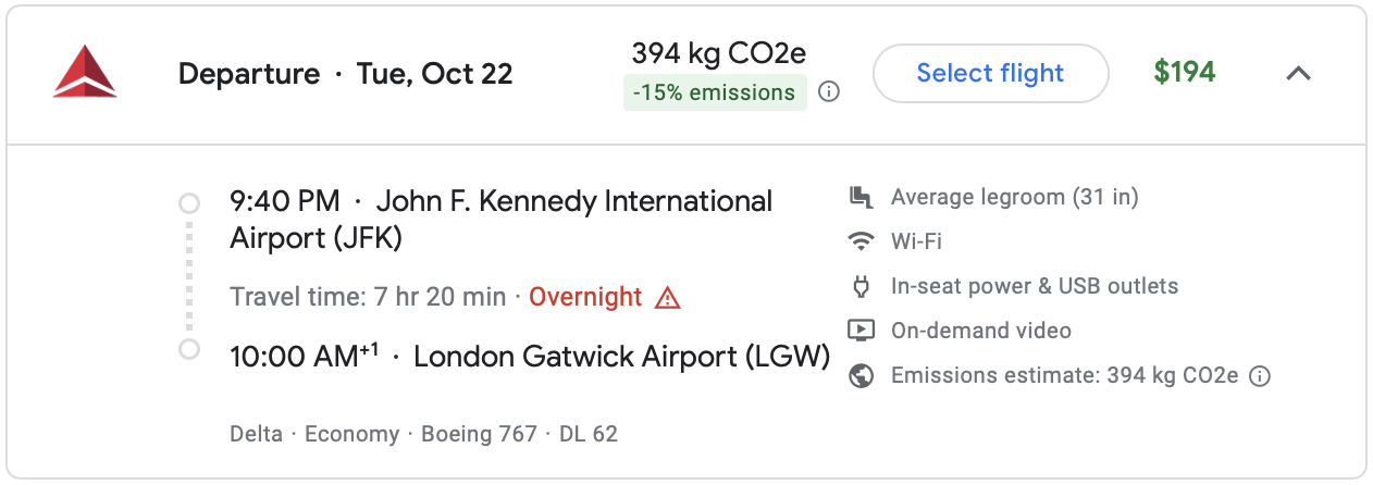 Google Flights itinerary on Delta