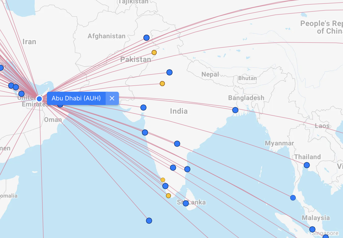 Etihad destinations in India from AUH.