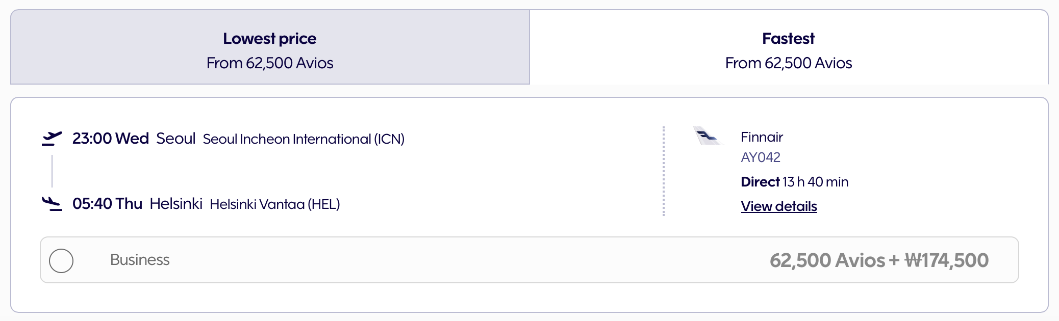 Finnair award from ICN to HEL