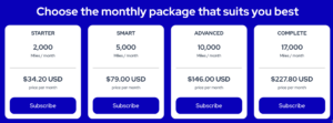 Flying Blue "Subscribe to Miles" monthly package options.