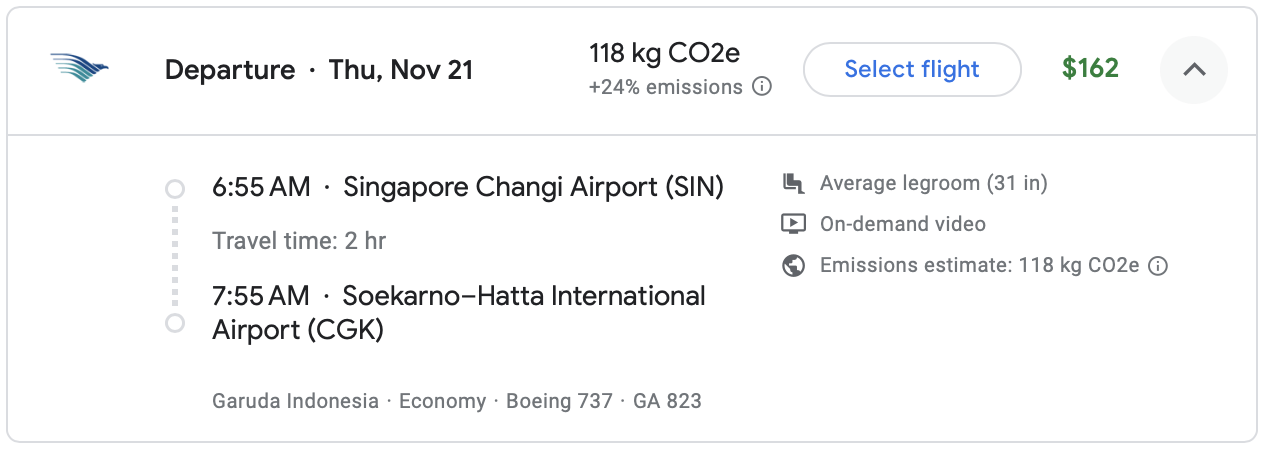 Google Flights itinerary on Garuda Indonesia.
