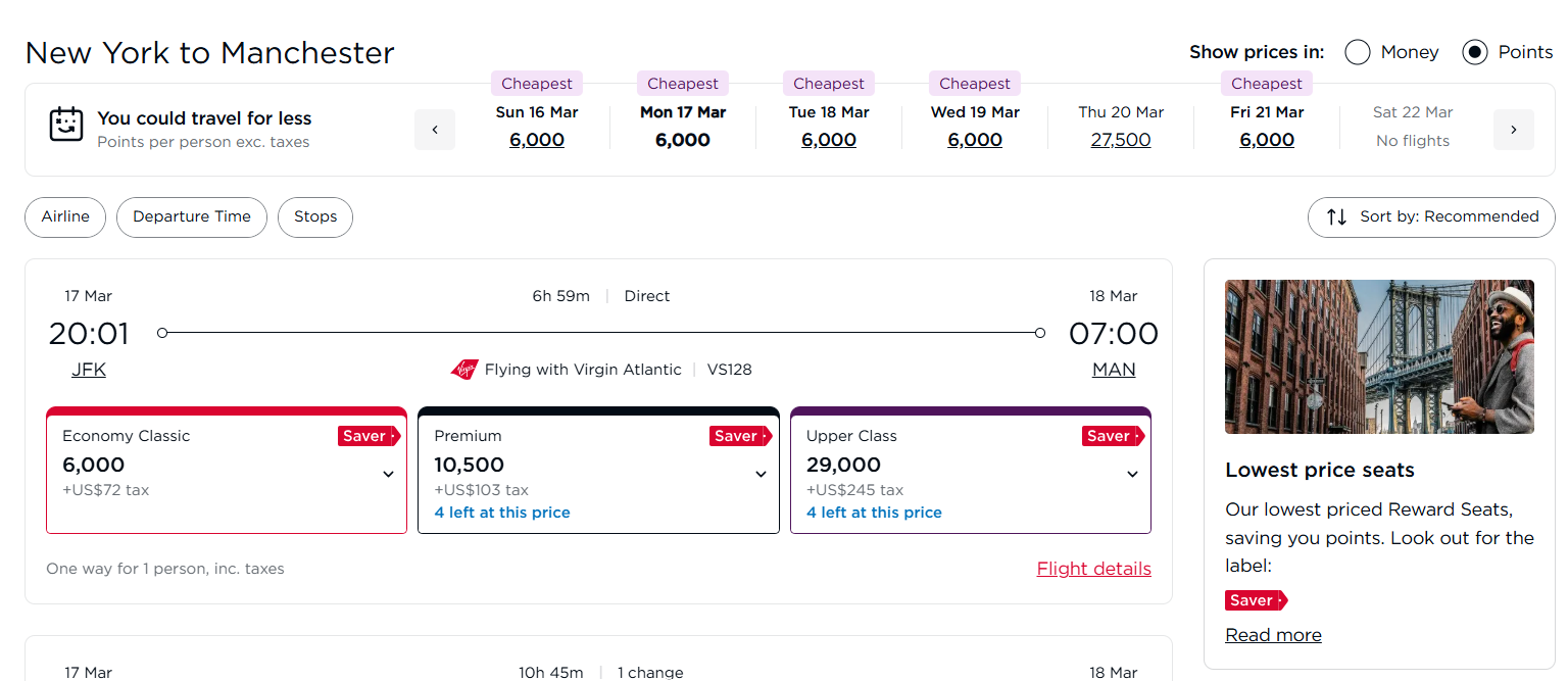 Virgin Atlantic Flying Club award search results for New York to Manchester