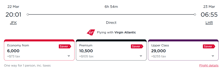 Screen shot of an award flight search on Virgin Atlantic