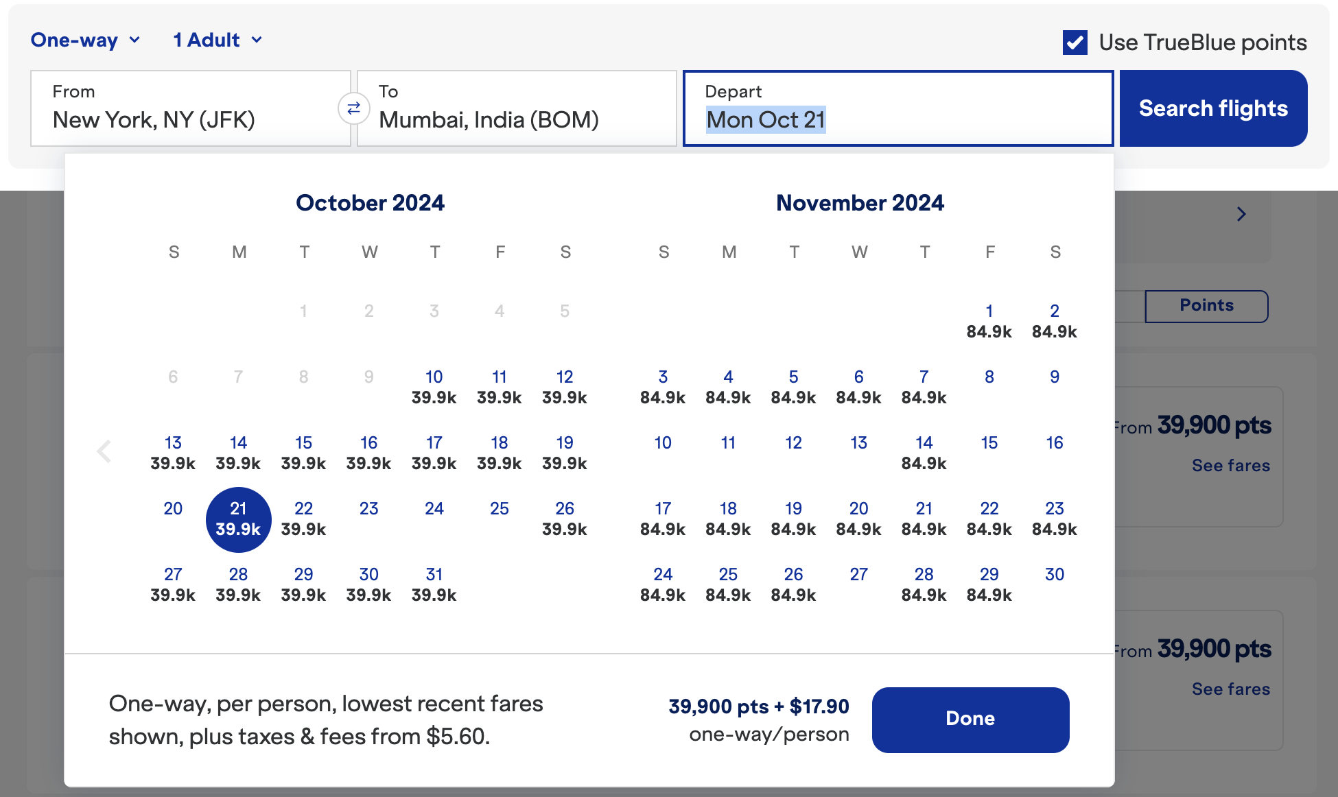 JetBlue award calendar for awards between JFK and BOM.