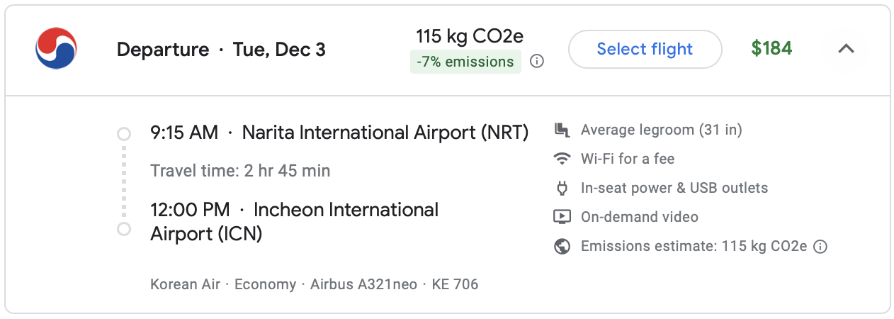 Google Flights itinerary on Korean Air.