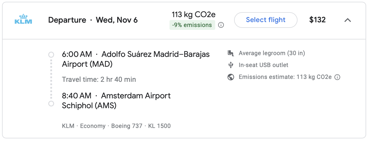 Google Flights itinerary on KLM