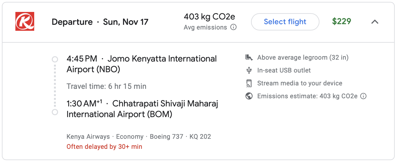 Google Flights itinerary on Kenya Airways