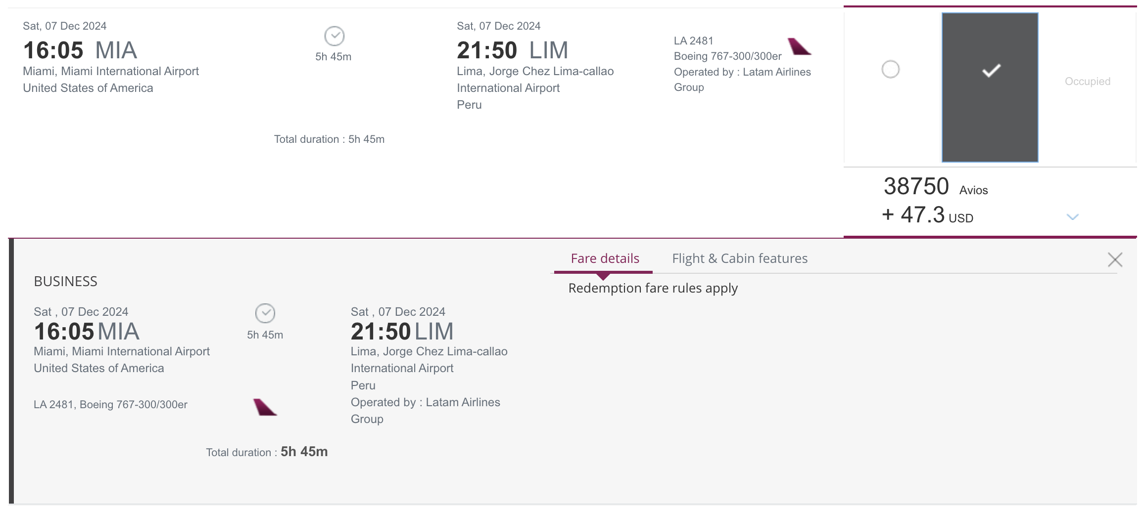 LATAM award from MIA to LIM via Qatar Airways.