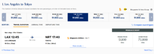 Screenshot of discounted Singapore Spontaneous Escapes award from Los Angeles to Tokyo in premium economy