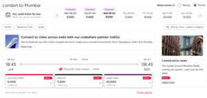 Virgin Atlantic Flying Club award search results for London to Mumbai