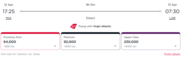 A screen shot of an award search from Miami to London on Virgin Atlantic