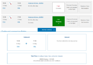 Screenshot of British Airways Avios search results showing 20,000 Avios price from Phoenix to Honolulu