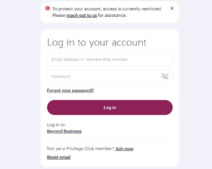 Screenshot of Qatar Privilege Club login screens showing error "To protect your account, access is currently restricted. Please reach out to us for assistance."