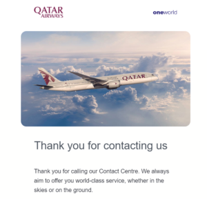 Screenshot of email from Qatar Privilege Club confirming receipt of email