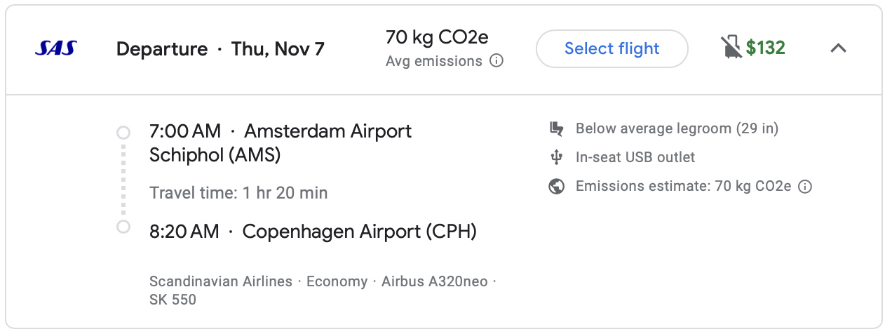 Google Flights itinerary on SAS