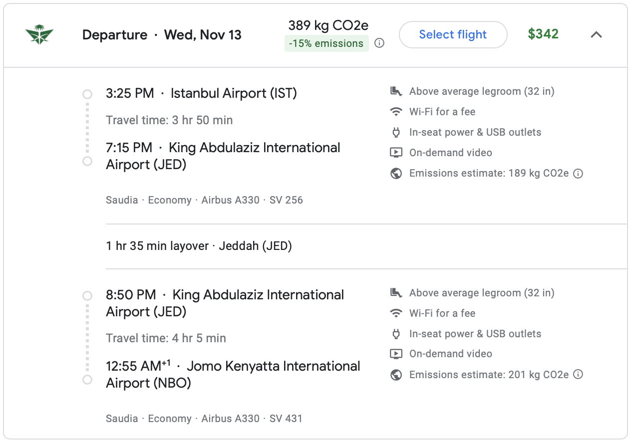 Google Flights itinerary on Saudia