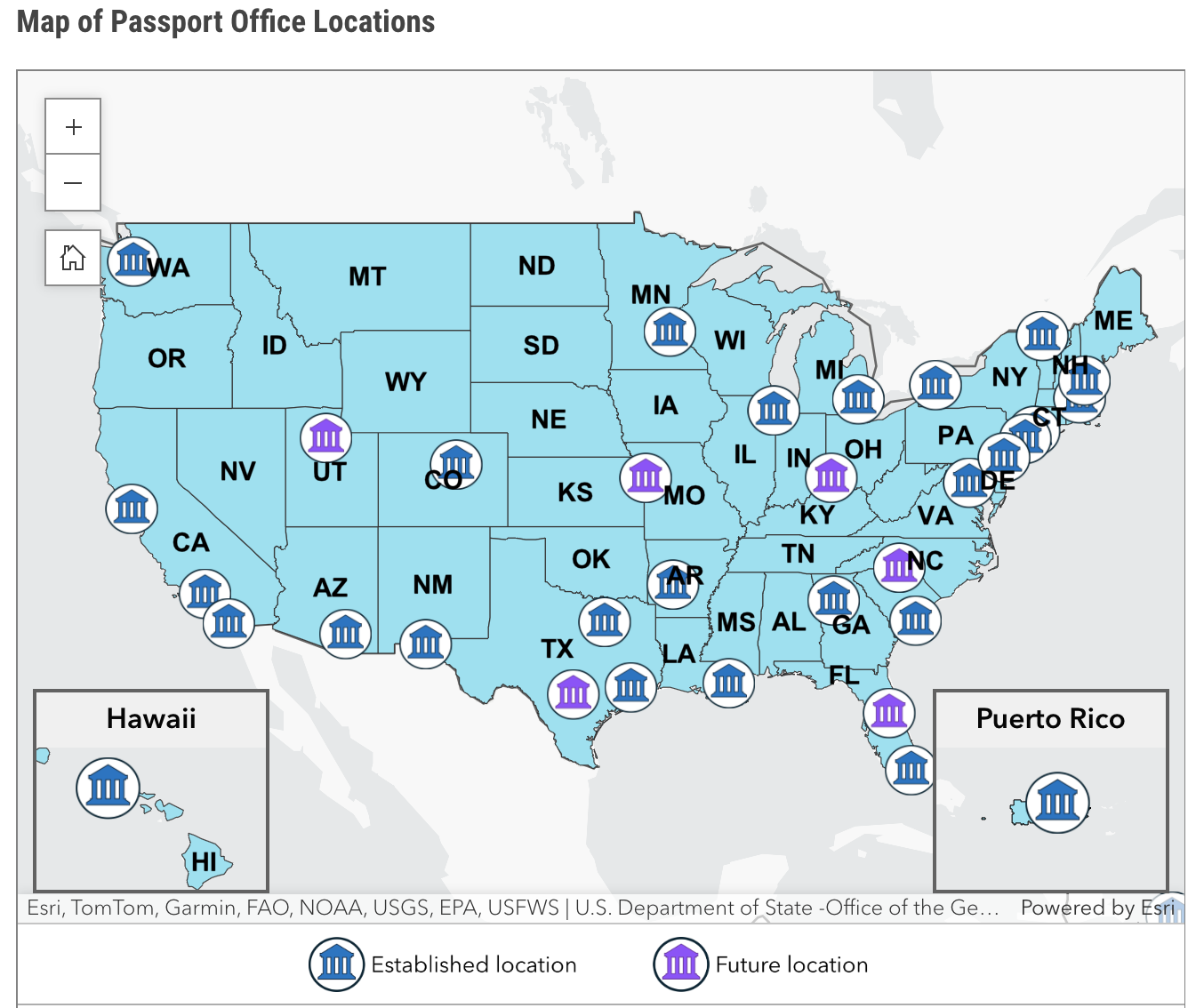 Map of U.S. Department of State passport offices