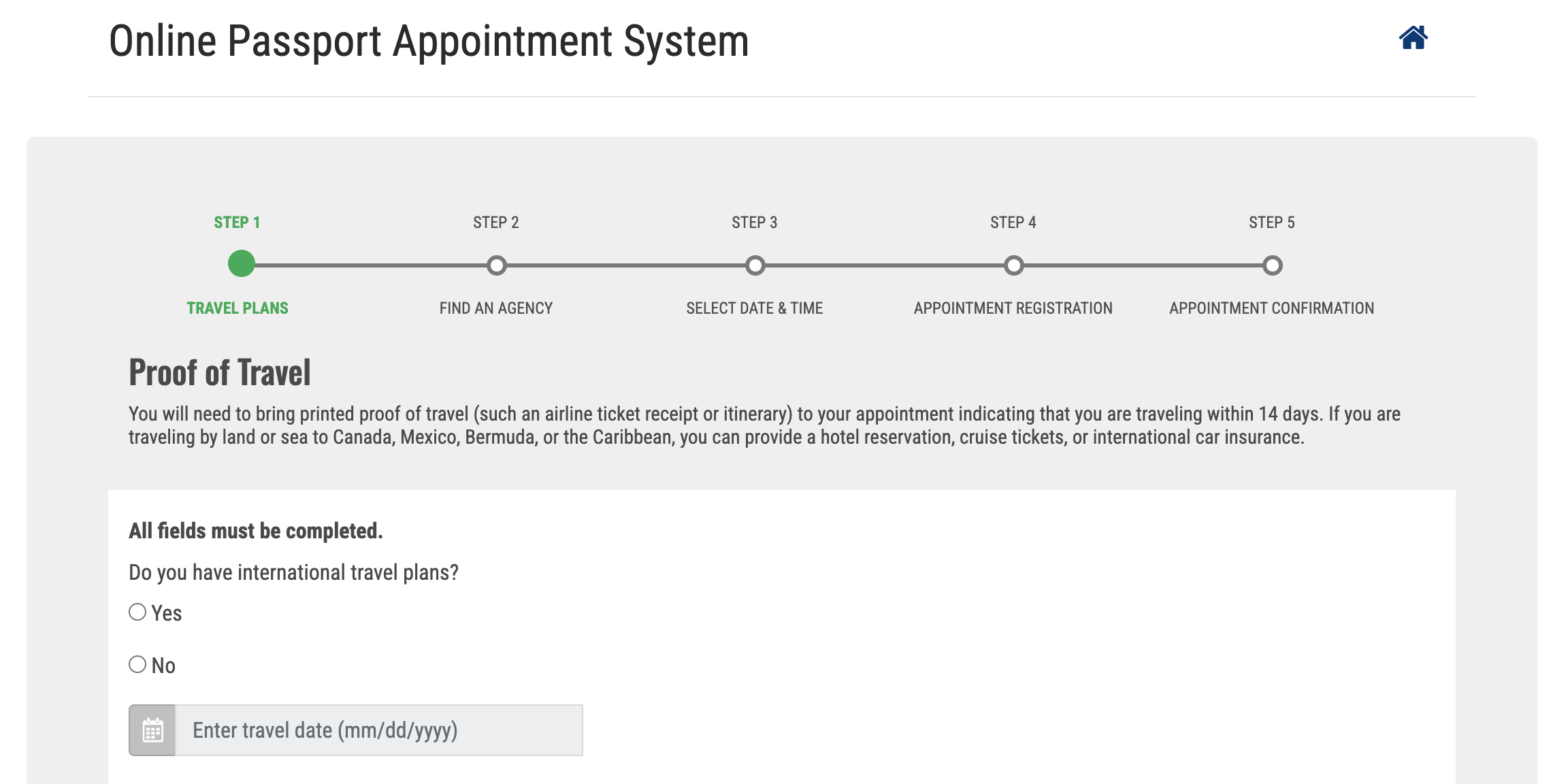 Screenshot of U.S. passport online appointment system